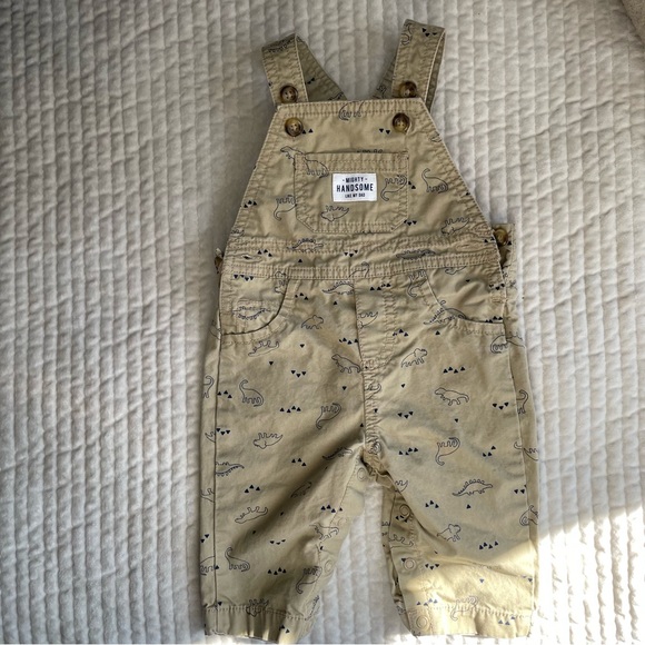 🦖Dinosaur Mighty Handsome Like My Dad Khaki Tan & Navy Cotton Overalls 6M🦕 - Picture 2 of 12